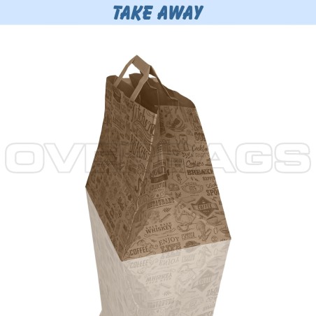 BORSA SHOPPER SACCHETTO TAKE AWAY DI CARTA MANICO PIATTINA E CORDINO FANTASIA FOOD AVANA