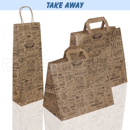 BORSA SHOPPER SACCHETTO TAKE AWAY DI CARTA MANICO PIATTINA E CORDINO FANTASIA FOOD AVANA