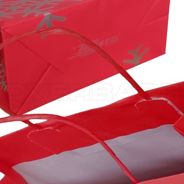 BORSA SHOPPER SACCHETTO DI CARTA MANICO CORDINO FANTASIA FIOCCHI NEVE ROSSO CON RISVOLTO