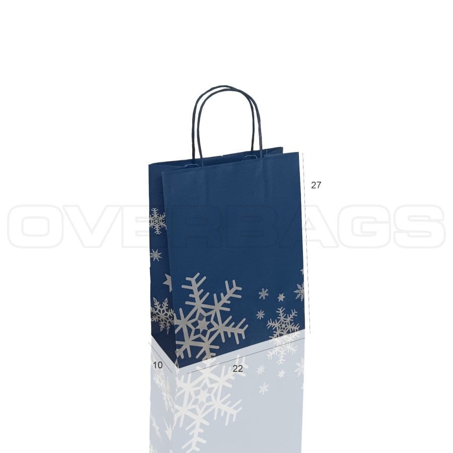 BORSA SHOPPER SACCHETTO DI CARTA MANICO CORDINO FANTASIA FIOCCHI NEVE BLU CON RISVOLTO