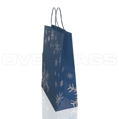 BORSA SHOPPER SACCHETTO DI CARTA MANICO CORDINO FANTASIA FIOCCHI NEVE BLU CON RISVOLTO