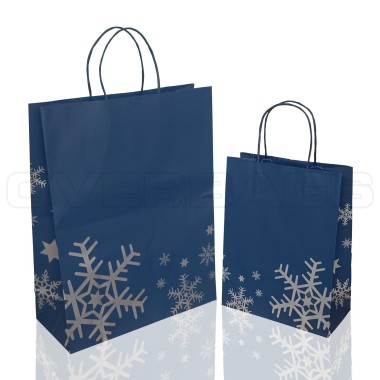 BORSA SHOPPER SACCHETTO DI CARTA MANICO CORDINO FANTASIA FIOCCHI NEVE BLU CON RISVOLTO